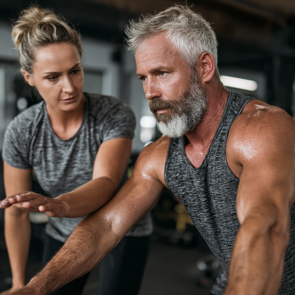51 years old fitness professional guiding middle-aged client through personalized exercise routine