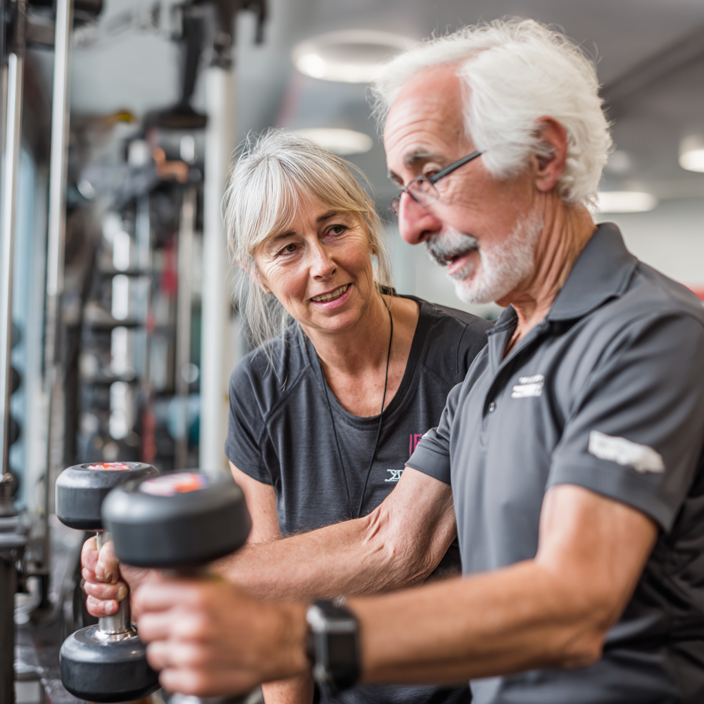 52 years trainer working with mature adult in supportive fitness environment